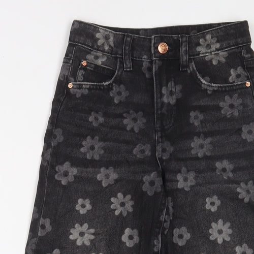 Marks and Spencer Girls Grey Floral Cotton Wide-Leg Jeans Size 7-8 Years L20 in Regular Zip
