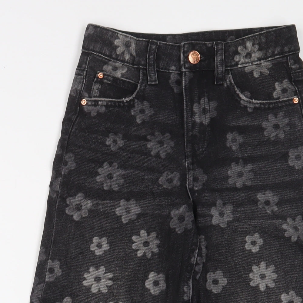 Marks and Spencer Girls Grey Floral Cotton Wide-Leg Jeans Size 7-8 Years L20 in Regular Zip