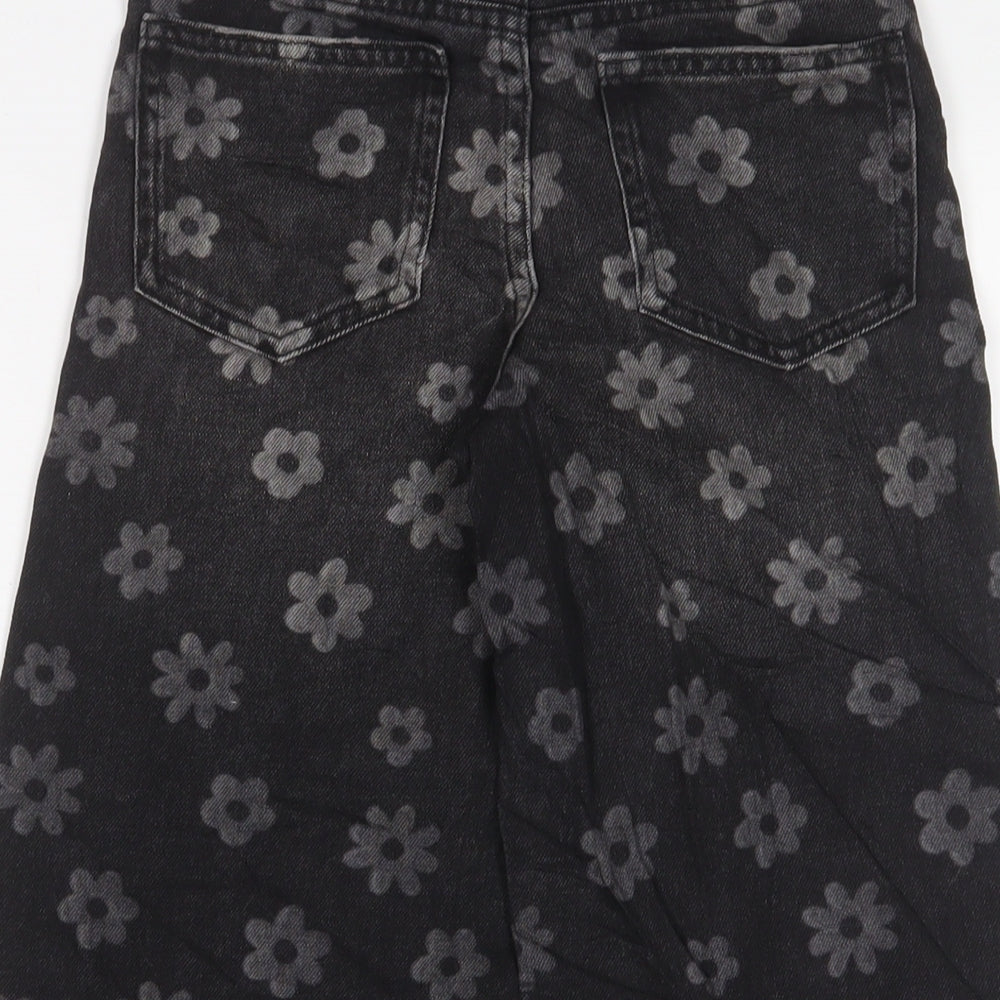 Marks and Spencer Girls Grey Floral Cotton Wide-Leg Jeans Size 7-8 Years L20 in Regular Zip