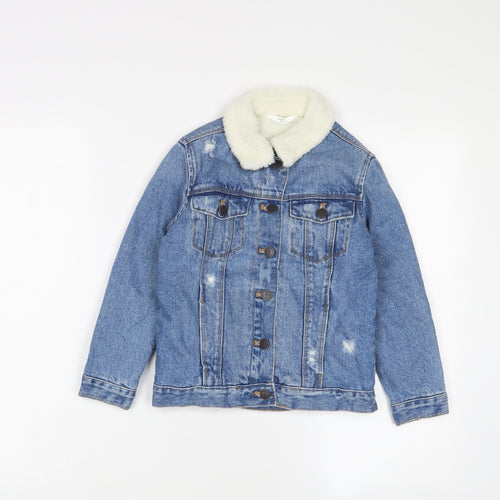 Marks and Spencer Girls Blue Jacket Size 6-7 Years Button - Distressed, Pockets