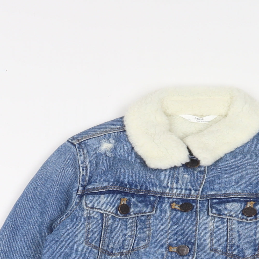 Marks and Spencer Girls Blue Jacket Size 6-7 Years Button - Distressed, Pockets