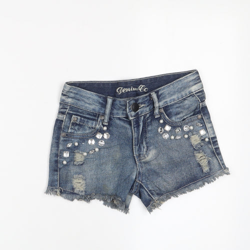 Denim & Co. Girls Blue Cotton Hot Pants Shorts Size 7-8 Years L3 in Regular Zip - Jewels