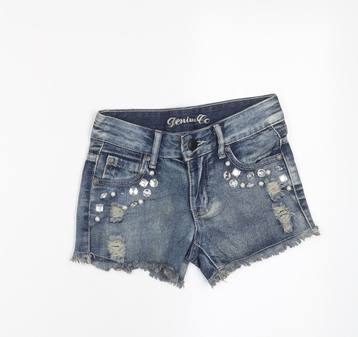 Denim & Co. Girls Blue Cotton Hot Pants Shorts Size 7-8 Years L3 in Regular Zip - Jewels