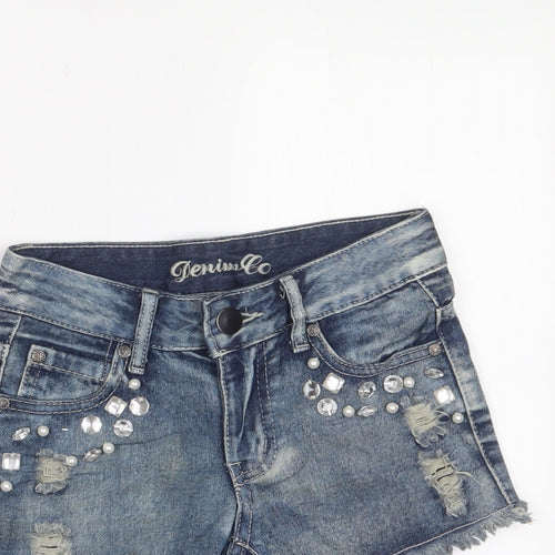 Denim & Co. Girls Blue Cotton Hot Pants Shorts Size 7-8 Years L3 in Regular Zip - Jewels