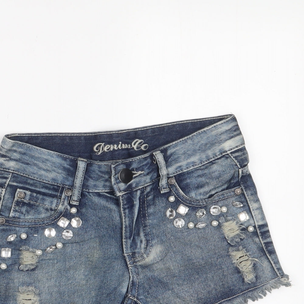 Denim & Co. Girls Blue Cotton Hot Pants Shorts Size 7-8 Years L3 in Regular Zip - Jewels