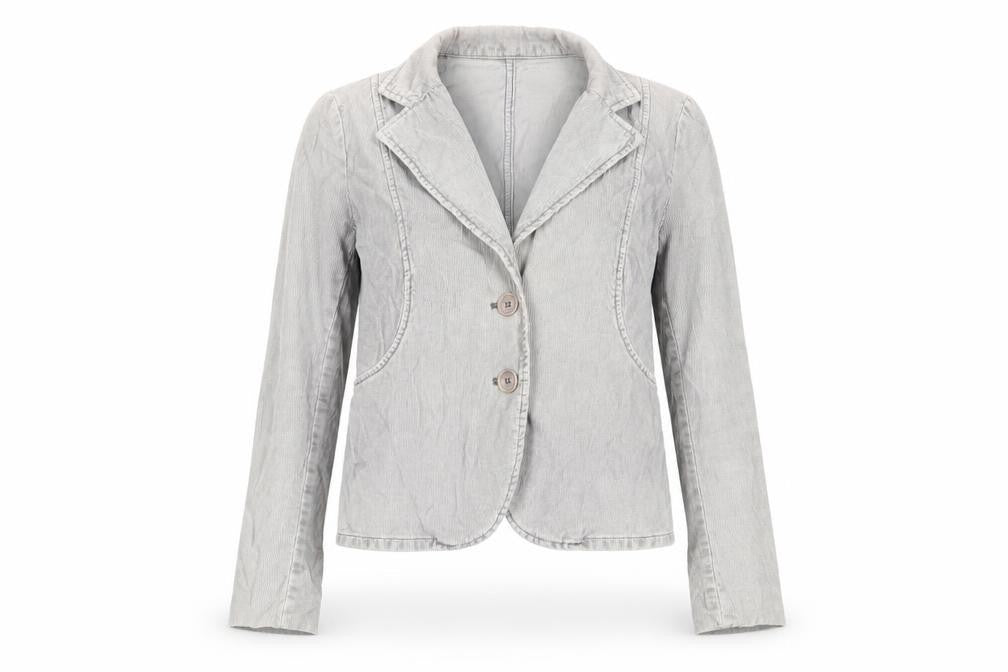 Front view of FCUK women’s grey jacket, size UK 12, button