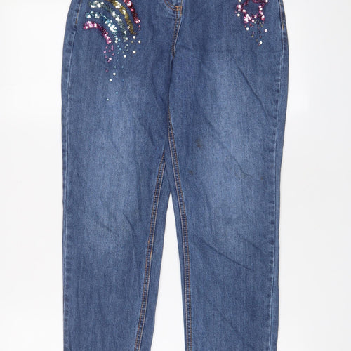 NEXT Girls Blue Cotton Straight Jeans Size 12 Years L28 in Regular Zip - Sequins