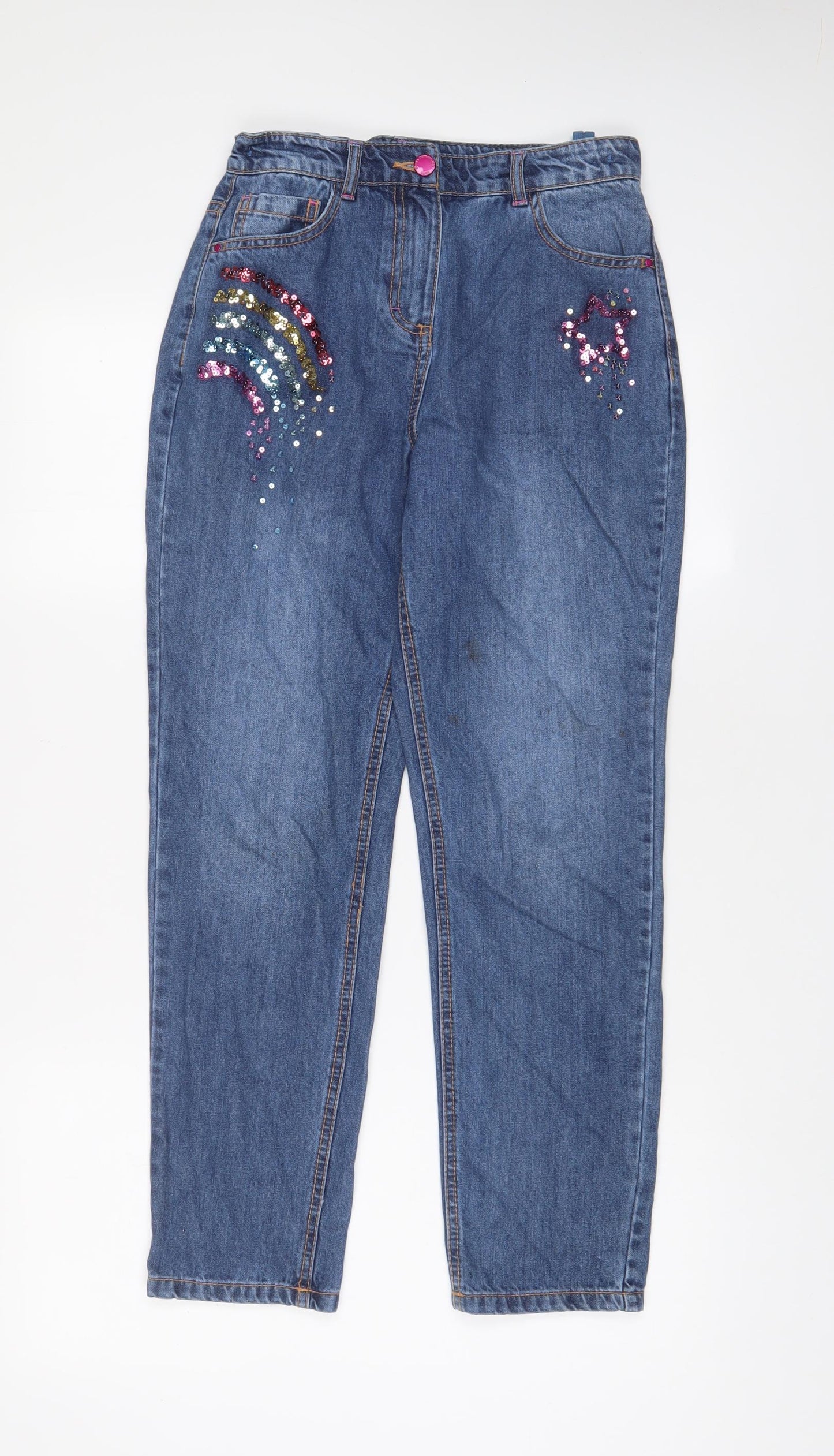 NEXT Girls Blue Cotton Straight Jeans Size 12 Years L28 in Regular Zip - Sequins