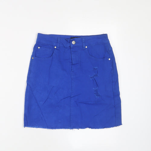 PRETTYLITTLETHING Womens Blue Cotton A-Line Skirt Size 6 Zip - Distressed, Pockets