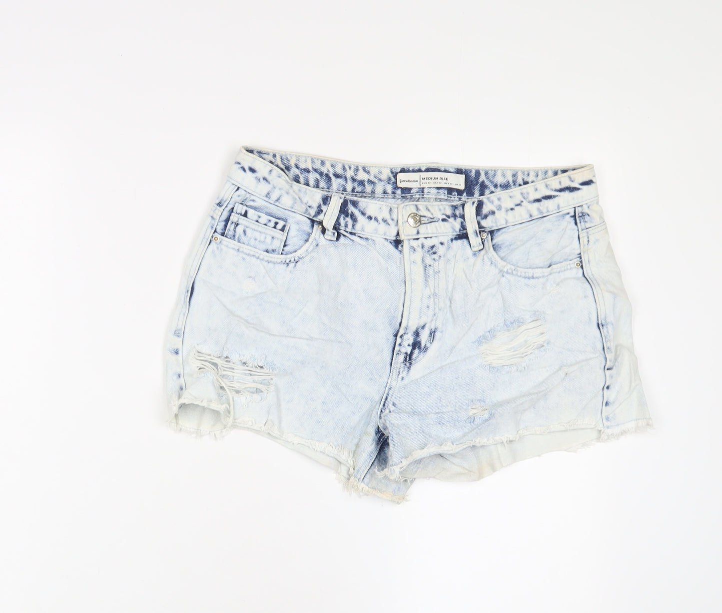 Stradivarius Womens Blue Cotton Basic Shorts Size 10 L3 in Regular Zip - Distressed, Pockets