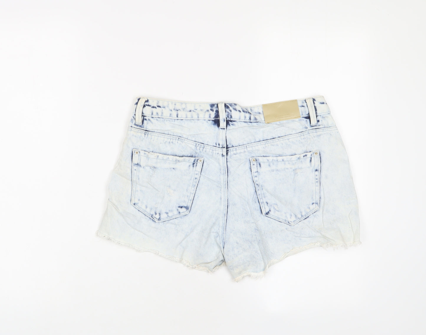 Stradivarius Womens Blue Cotton Basic Shorts Size 10 L3 in Regular Zip - Distressed, Pockets