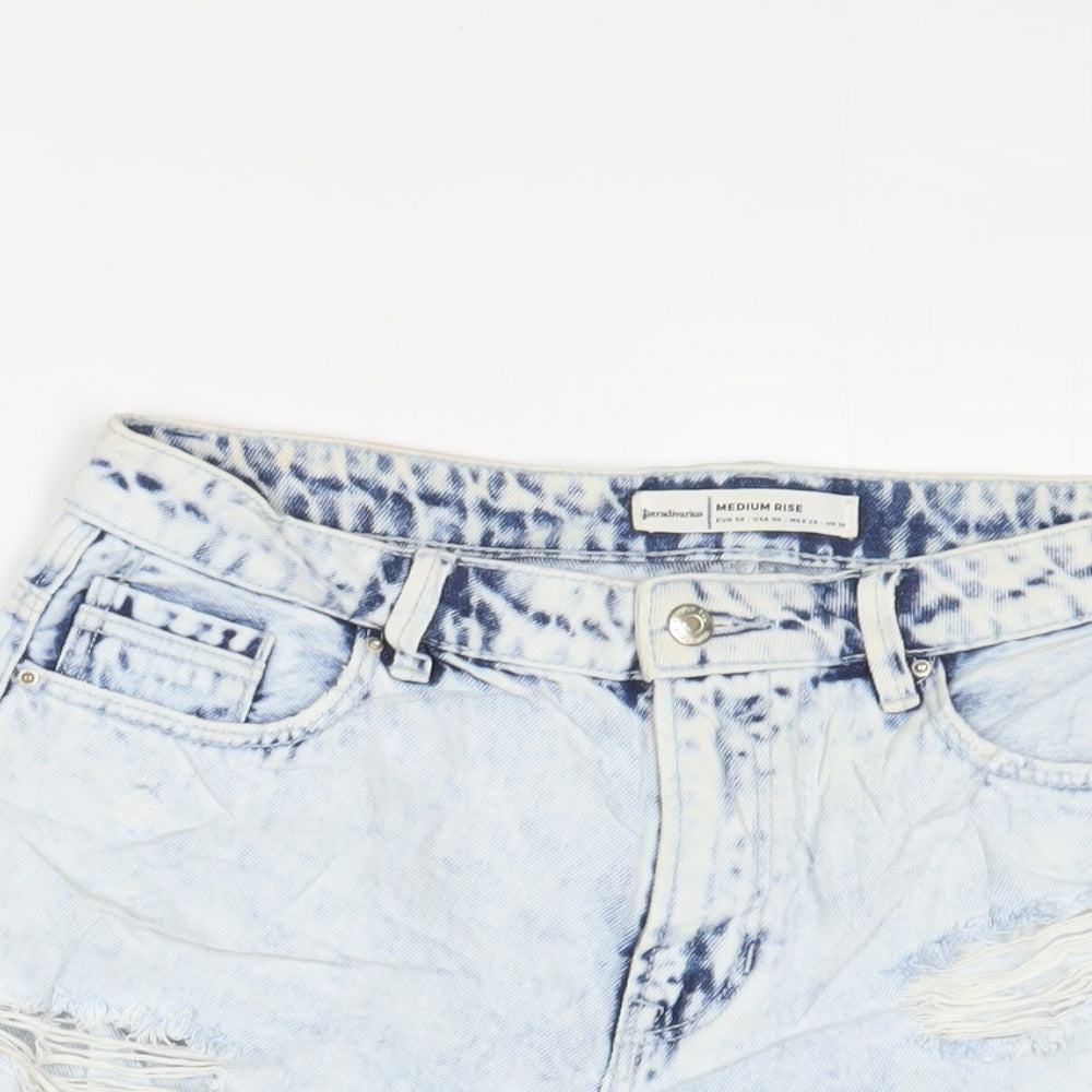 Stradivarius Womens Blue Cotton Basic Shorts Size 10 L3 in Regular Zip - Distressed, Pockets