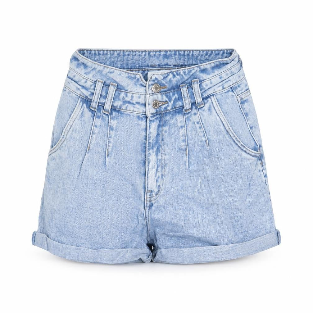 Front view of Denim & Co. women’s blue cotton basic shorts, size UK 8, 3-inch leg regular zip