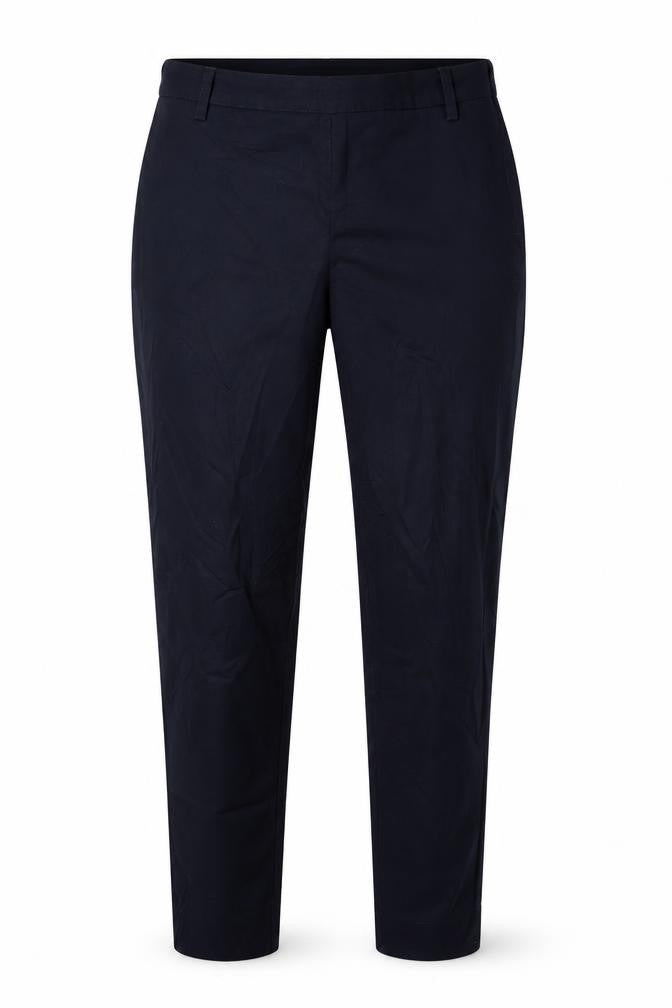 Front view of H&M women’s blue cotton trousers, size UK 10, 28-inch leg regular zip