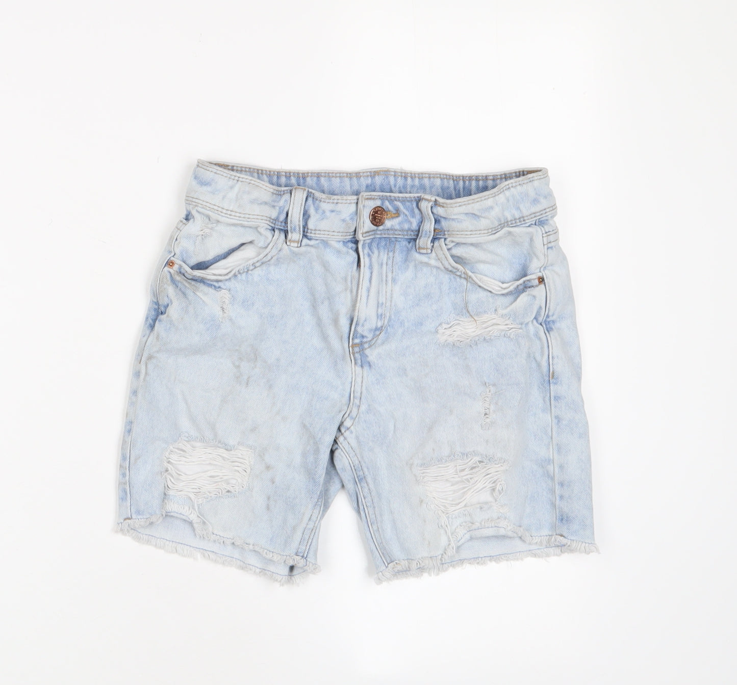 Marks and Spencer Girls Blue Cotton Bermuda Shorts Size 9-10 Years Regular Zip - Distressed, Pockets