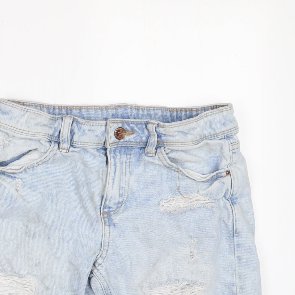 Marks and Spencer Girls Blue Cotton Bermuda Shorts Size 9-10 Years Regular Zip - Distressed, Pockets