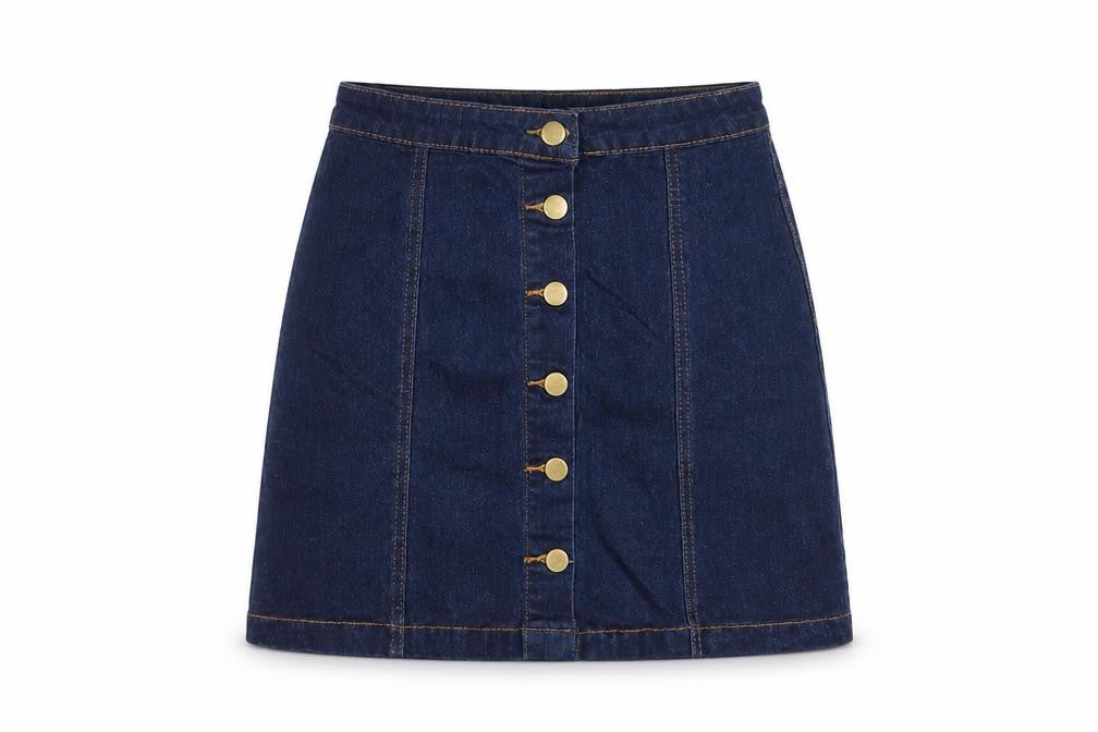 Front view of PRETTYLITTLETHING women’s blue cotton a-line skirt, size UK 4, button