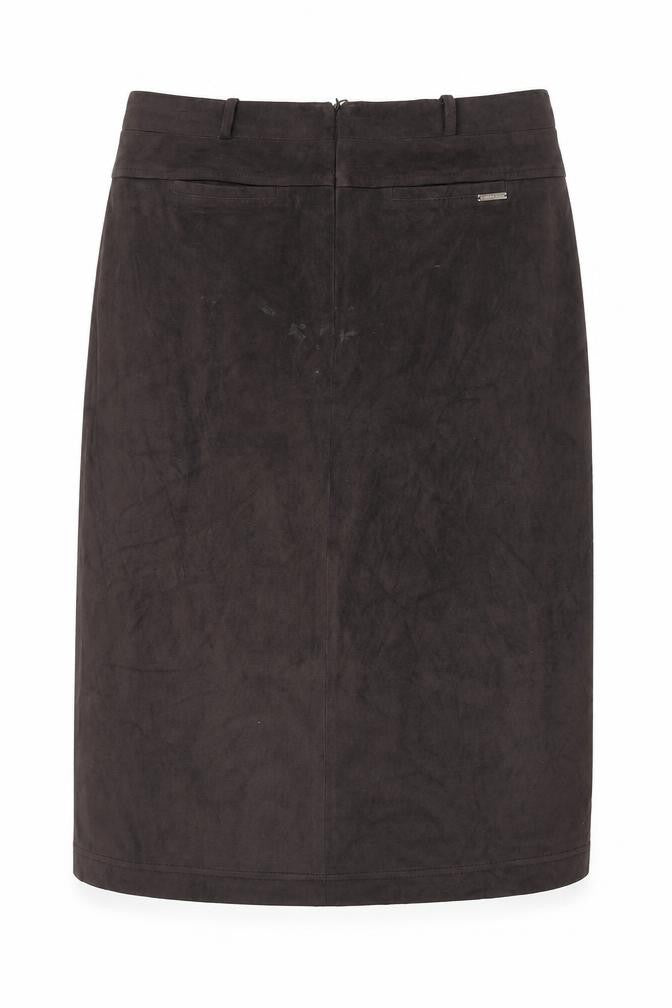 Front view of Pomodoro women’s brown polyester a-line skirt, size UK 18, zip