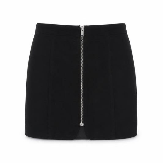 Front view of H&M women’s black polyester a-line skirt, size UK 6, zip