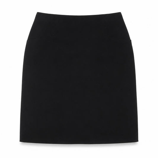 Front view of Precis women’s black polyester a-line skirt, size UK 12, zip