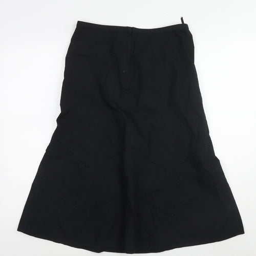 BHS Womens Black Cotton A-Line Skirt Size 8 Zip - Embraided Detail