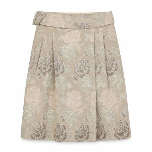 Front view of Fenn Wright Manson women’s beige floral acrylic a-line skirt, size UK 12, zip