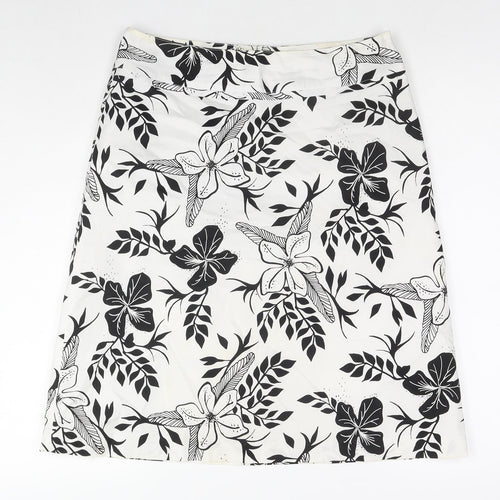 H&M Womens White Floral Cotton A-Line Skirt Size 10 Zip
