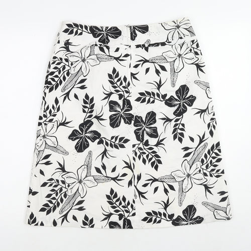 H&M Womens White Floral Cotton A-Line Skirt Size 10 Zip