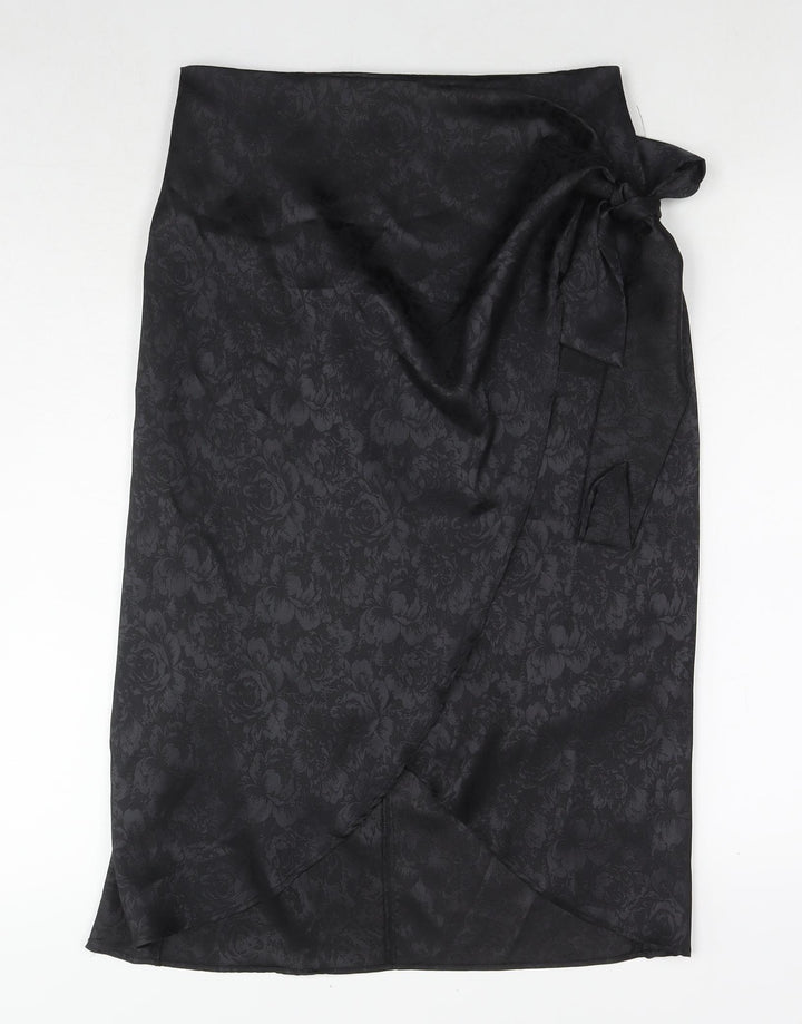 Vera & Lucy Womens Black Floral Polyester Wrap Skirt Size S Zip