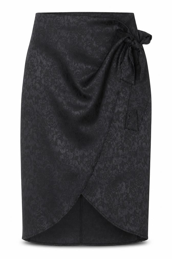 Front view of Vera & Lucy women’s black floral polyester wrap skirt, size S, zip