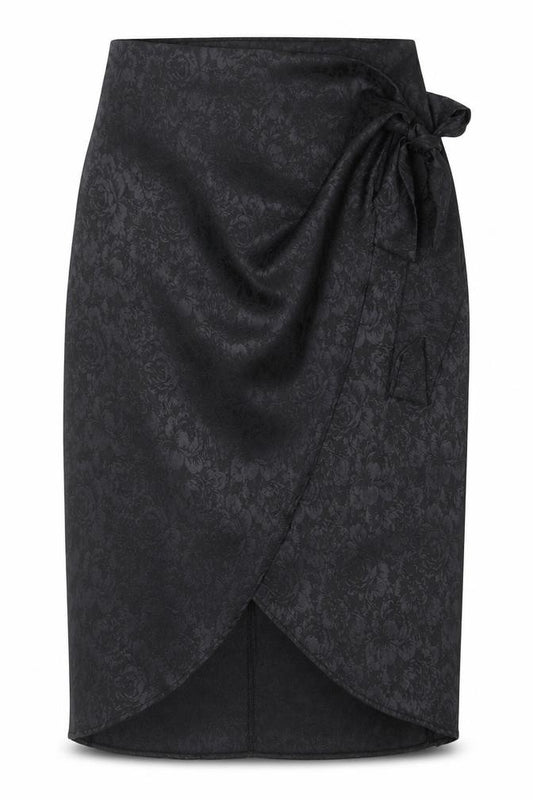 Front view of Vera & Lucy women’s black floral polyester wrap skirt, size S, zip