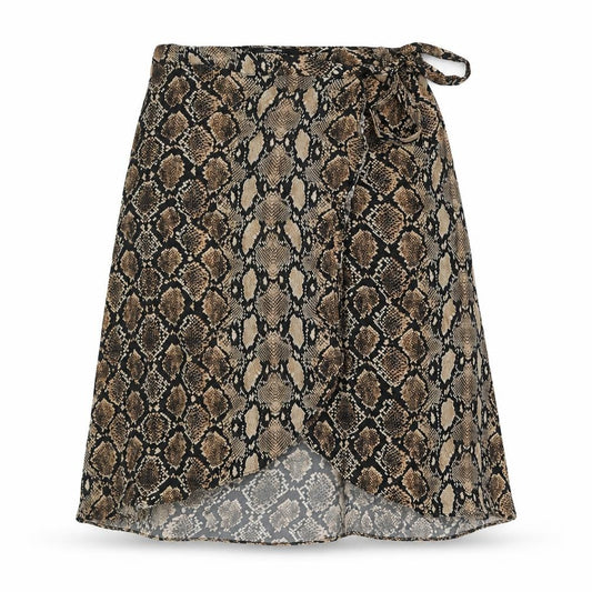 Front view of Bershka women’s brown animal print polyester wrap skirt, size S, button - snake pattern