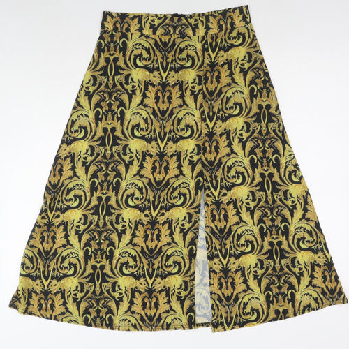 PRETTYLITTLETHING Womens Yellow Geometric Polyester A-Line Skirt Size 10 - Side Slit(s)