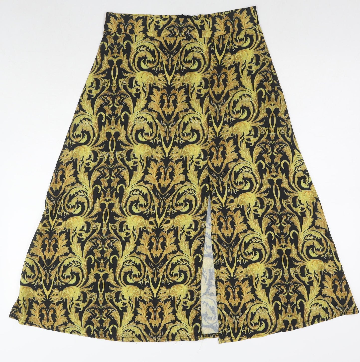 PRETTYLITTLETHING Womens Yellow Geometric Polyester A-Line Skirt Size 10 - Side Slit(s)