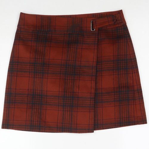 Marks and Spencer Womens Brown Check Polyester Mini Skirt Size 12 Button