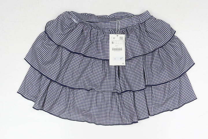 Zara Womens Blue Check Polyester Pleated Skirt Size S