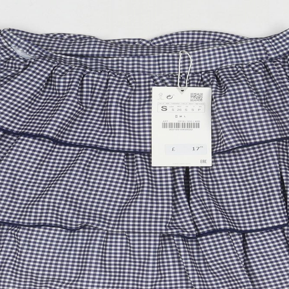 Zara Womens Blue Check Polyester Pleated Skirt Size S