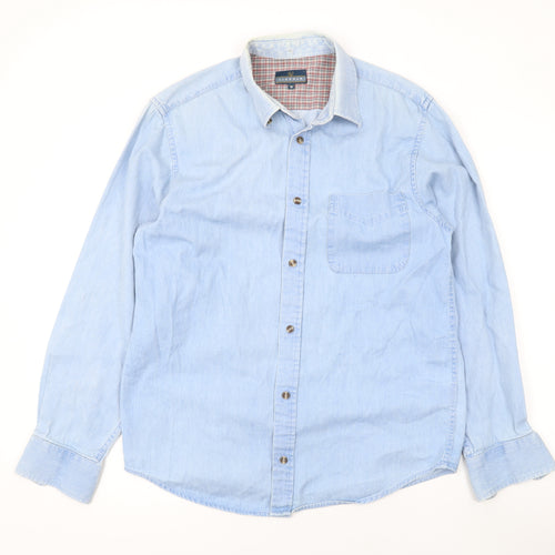 Lincoln Mens Blue Cotton Button-Up Size M Collared Button