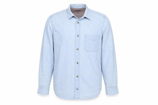 Front view of Lincoln men’s blue cotton button-up, size M, collared button