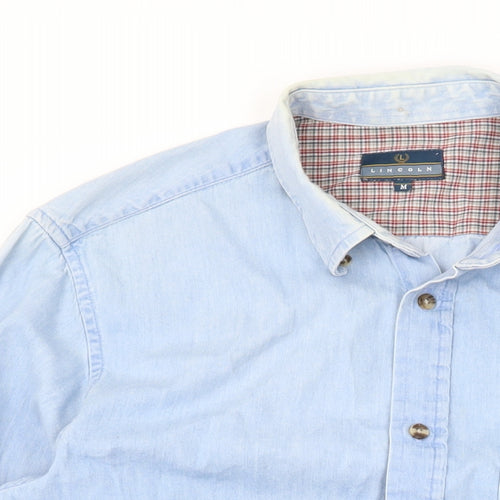 Lincoln Mens Blue Cotton Button-Up Size M Collared Button