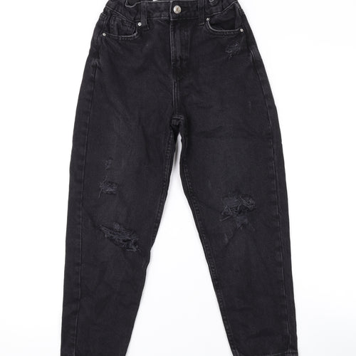 Denim & Co. Girls Black Cotton Boyfriend Jeans Size 9-10 Years L21 in Regular Zip - Distressed