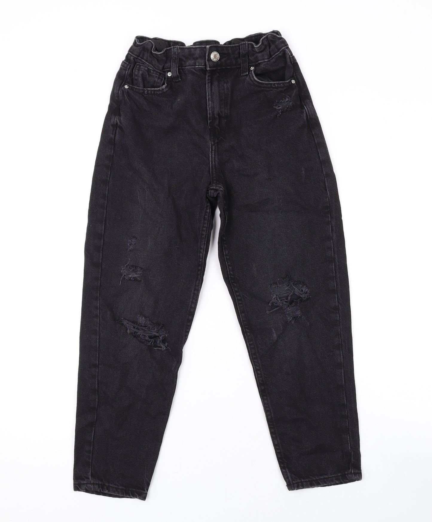 Denim & Co. Girls Black Cotton Boyfriend Jeans Size 9-10 Years L21 in Regular Zip - Distressed