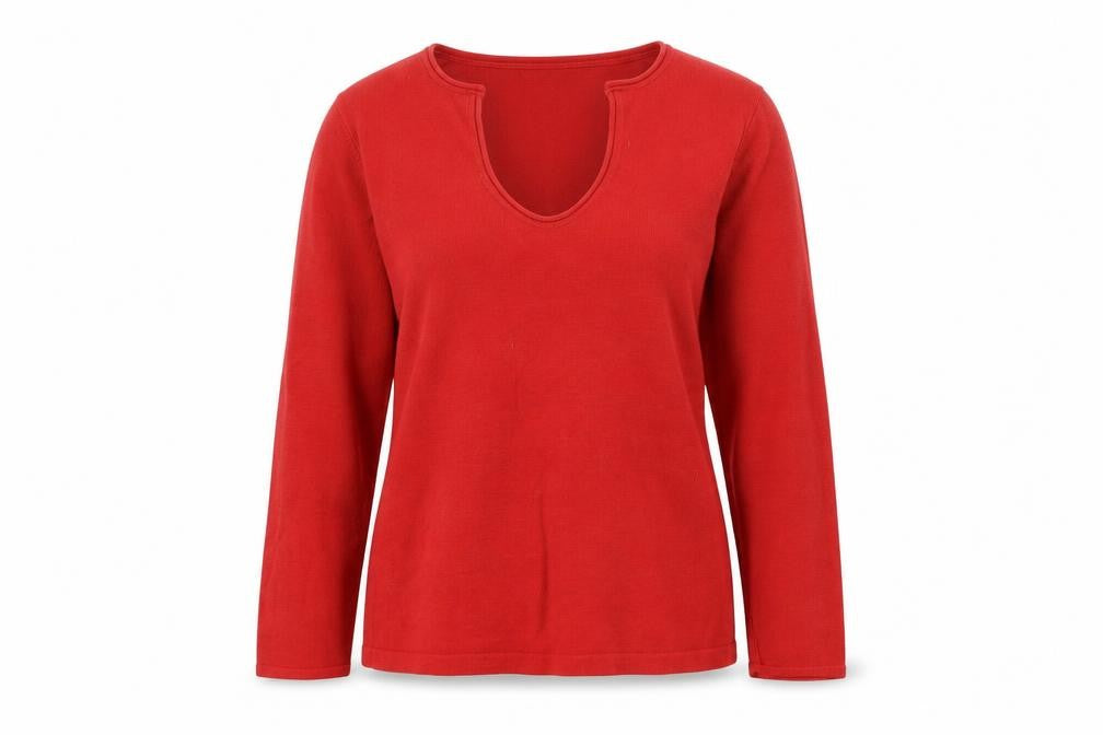 Front view of Dorothy Perkins women’s red v-neck acrylic jumper, size UK 14