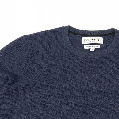 Peckham Rye Mens Blue Round Neck Wool Pullover Jumper Size S Long Sleeve