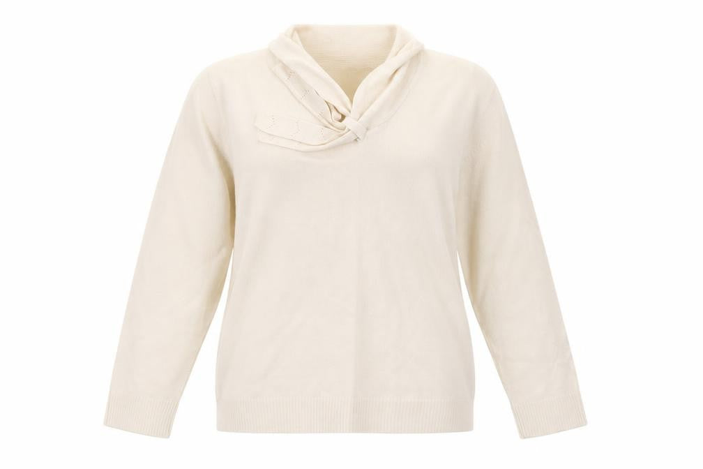 Front view of EWM women’s beige v-neck acrylic jumper, size L