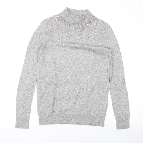 Wallis Womens Grey Mock Neck Geometric Acrylic Pullover Jumper Size S - Beaded