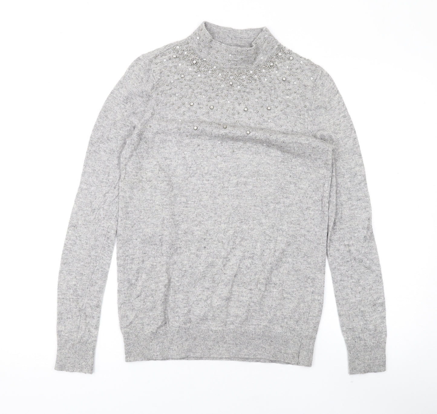 Wallis Womens Grey Mock Neck Geometric Acrylic Pullover Jumper Size S - Beaded