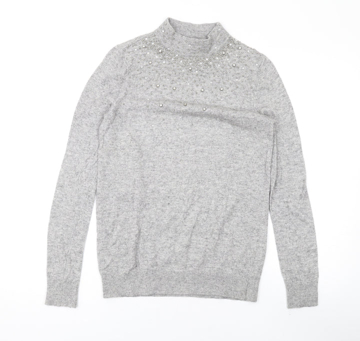Wallis Womens Grey Mock Neck Geometric Acrylic Pullover Jumper Size S - Beaded