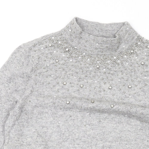 Wallis Womens Grey Mock Neck Geometric Acrylic Pullover Jumper Size S - Beaded
