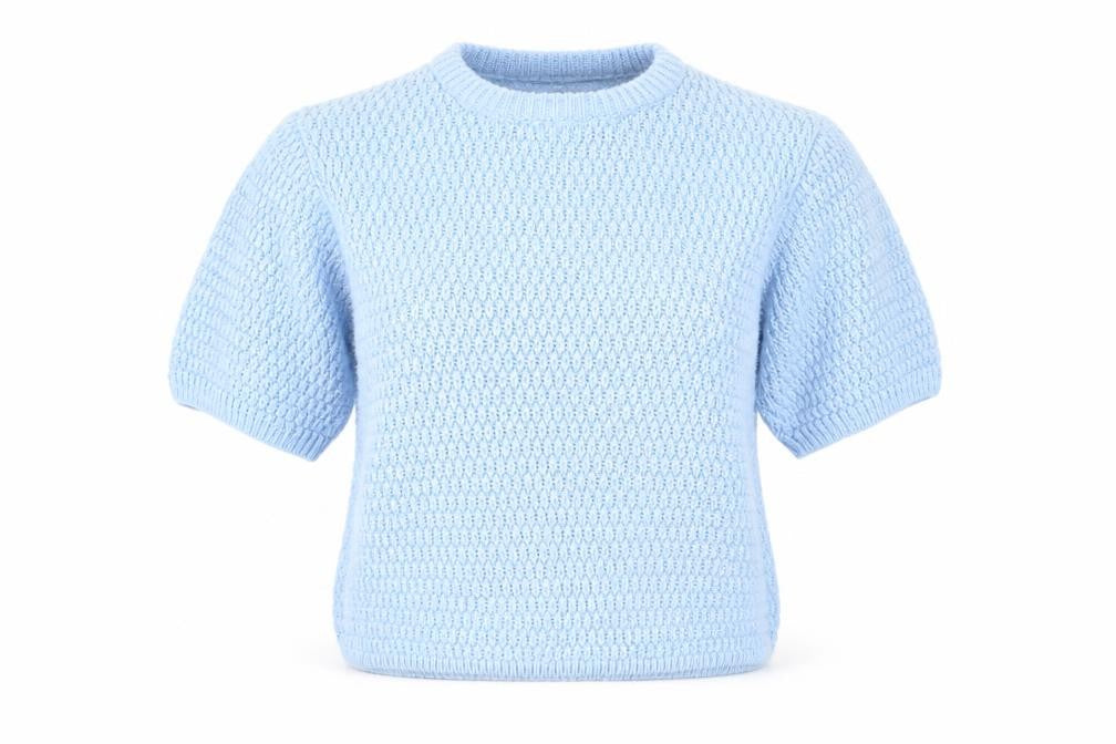 Front view of New Look women’s blue round neck acrylic jumper, size UK 6